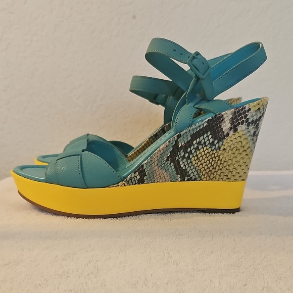 Cole Haan Nike Air Teal and Yellow  Sandals 9B Turquoise & Yellow Snake Wedge - Picture 14 of 16